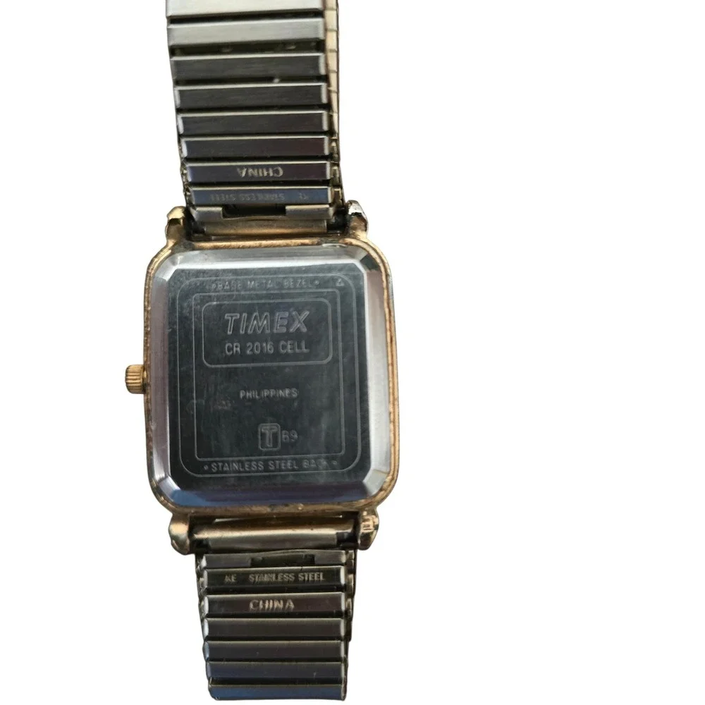 Vintage Timex Quartz Square Gold Tone Watch Day Date Expansion Band TB9 CR2016